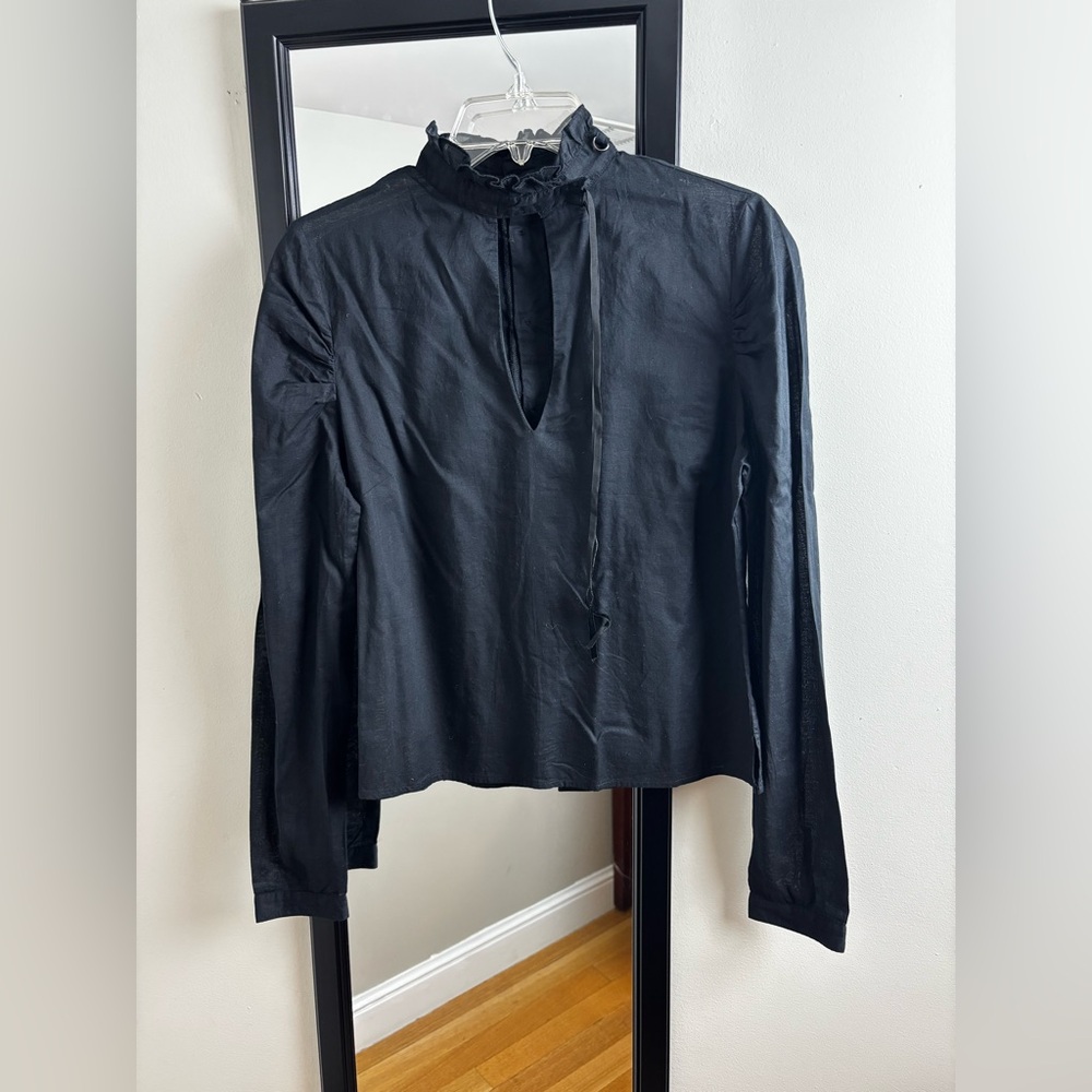 Jill Stuart Jeans black keyhole mock neckline long sleeve cotton blouse